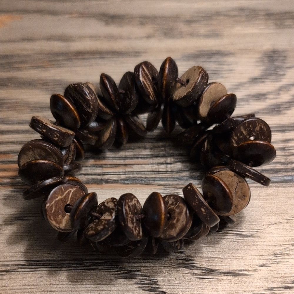 Brown Coconut Shell Disc Stretch Bracelet Boho Coastal Beach Summer